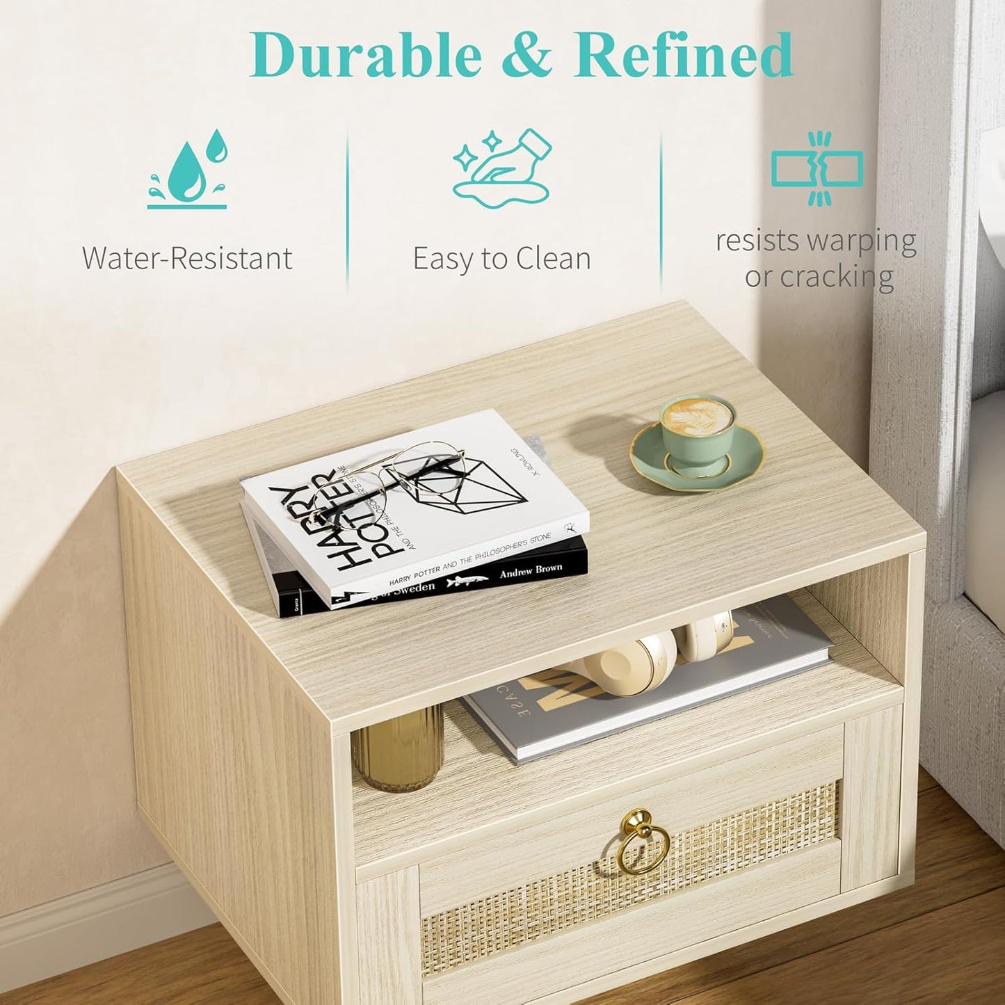 Floating Nightstand Set of 2 with Drawer for Wall Mounted Hanging Rattan Night Stand Bed Side Tables Wooden End Table Small Boho Dressers for Bedroom Farmhouse Shelves with Drawers