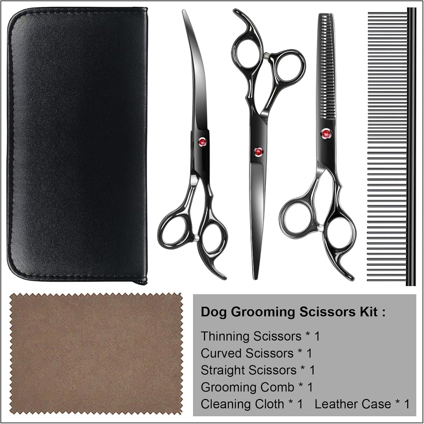 Professional Dog Grooming Scissors kit Black 5 in 1, Dog Shears for Grooming 6CR Premium Stainless Steel Grooming Scissors Kit for Dogs Cat Pet