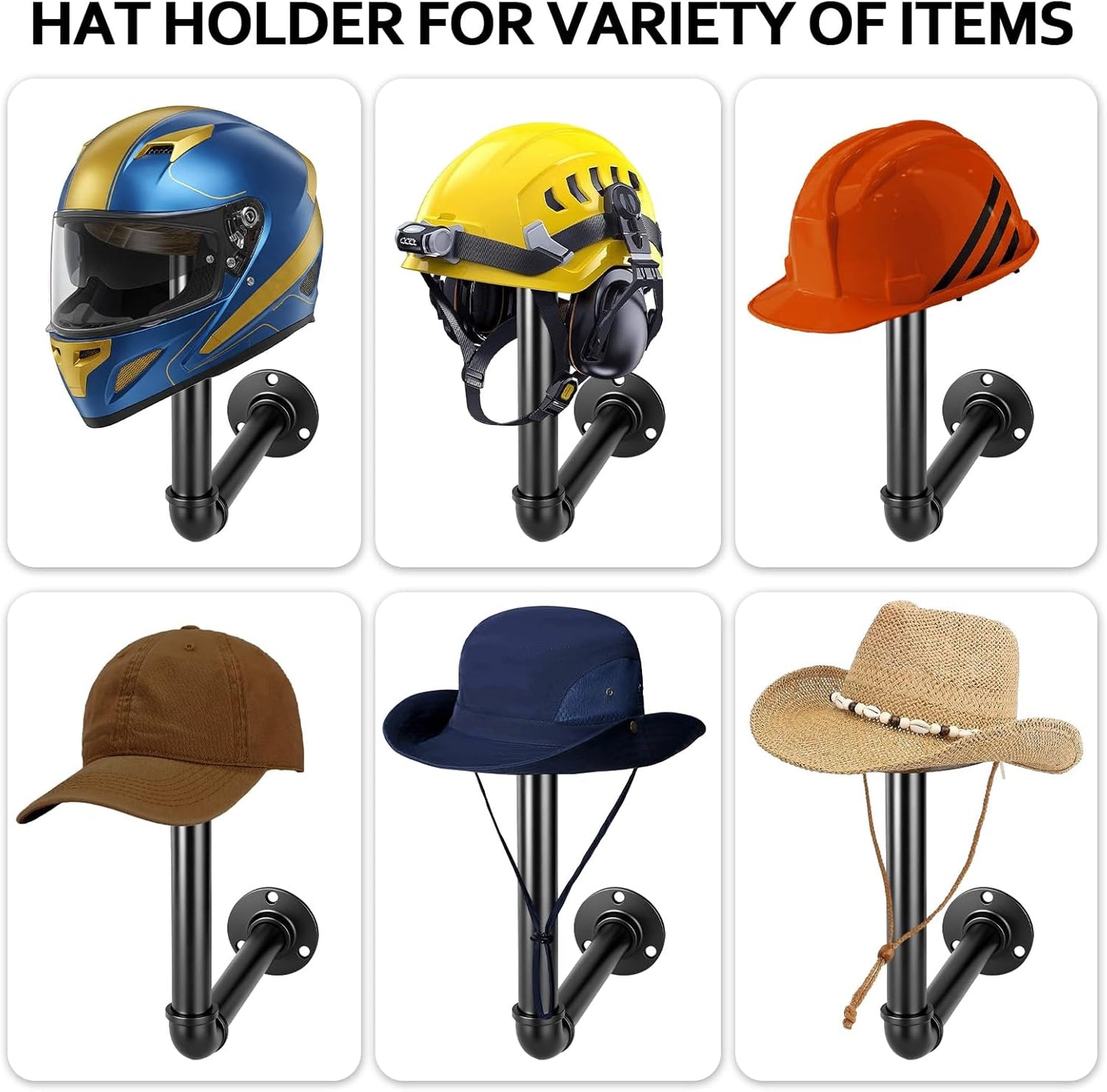 4PCS Cowboy Hat Rack Wall Mount, Wooden Western Rustic Metal Hanger, Wall Mounted Helmet Hanger for Multifunctional Display Hanger Stand for Cap Wig Hats, Fedora, Sun Hats