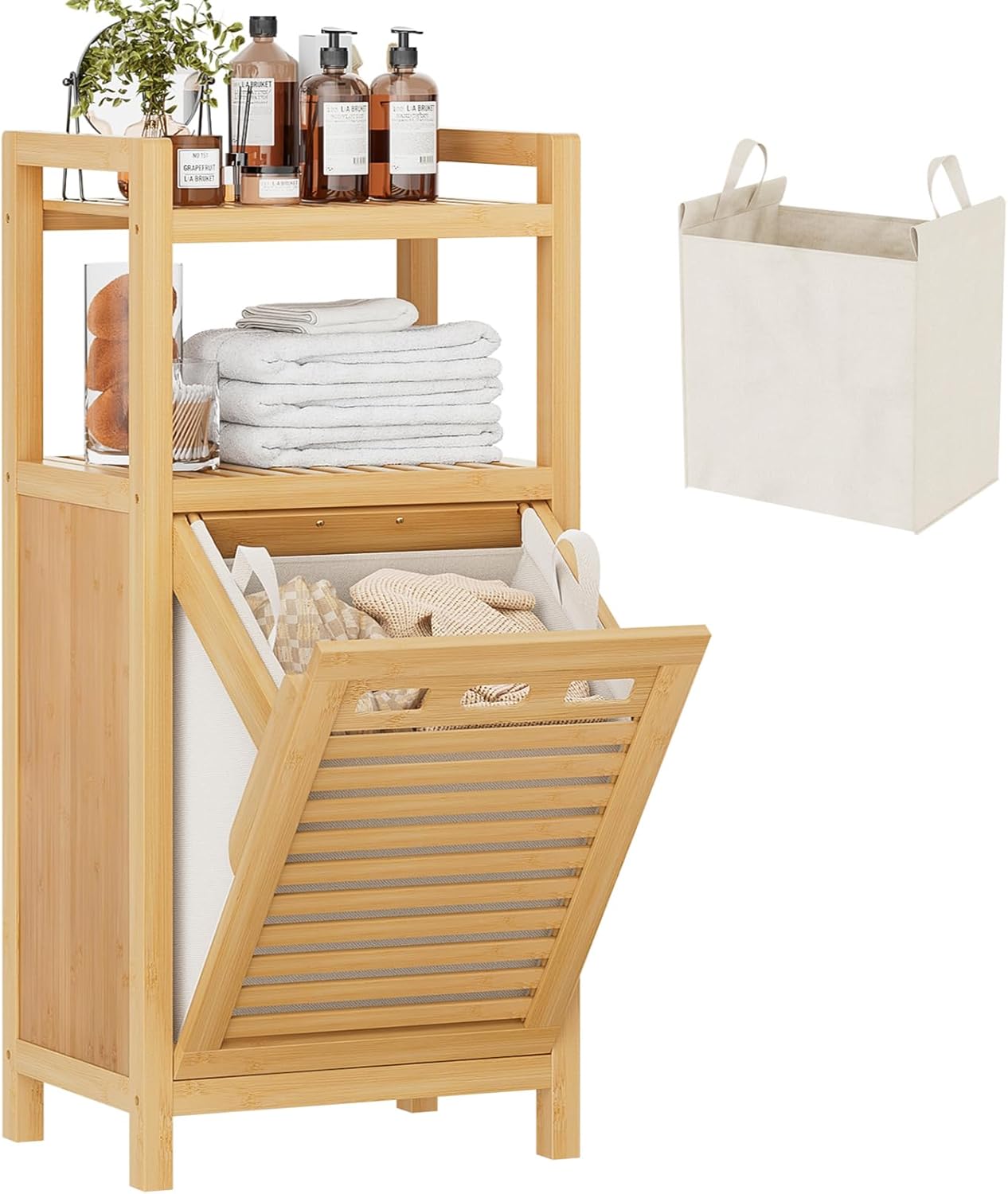Homykic Tilt Out Laundry Hamper, 10 Gal Bamboo Laundry Storage Cabinet with Removable Basket, Hidden Hamper Organizer with Shelf for Dirty Clothes, Bathroom, Laundry Room, Space Saving, Natural