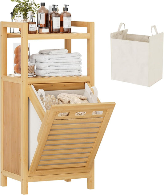 Homykic Tilt Out Laundry Hamper, 10 Gal Bamboo Laundry Storage Cabinet with Removable Basket, Hidden Hamper Organizer with Shelf for Dirty Clothes, Bathroom, Laundry Room, Space Saving, Natural