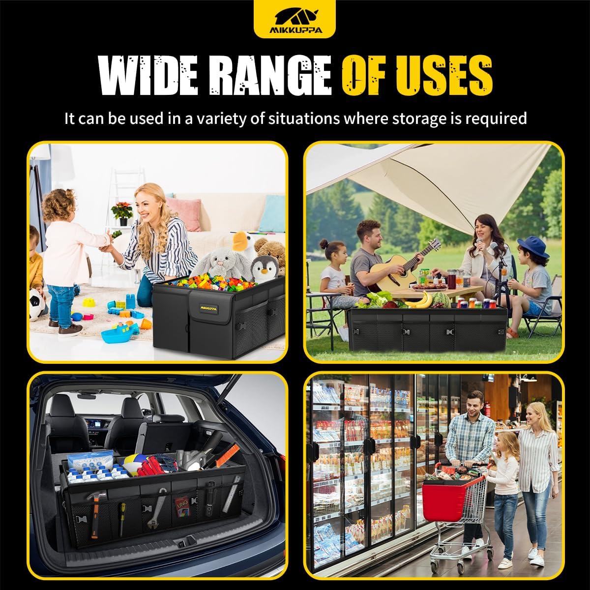 MIKKUPPA Car Trunk Organizer - 95L Collapsible Trunk Organizer with Lid, Sturdy Car Storage for SUV Auto Truck Van with Adjustable Straps and Non Slip Bottom (Black, X-Large)