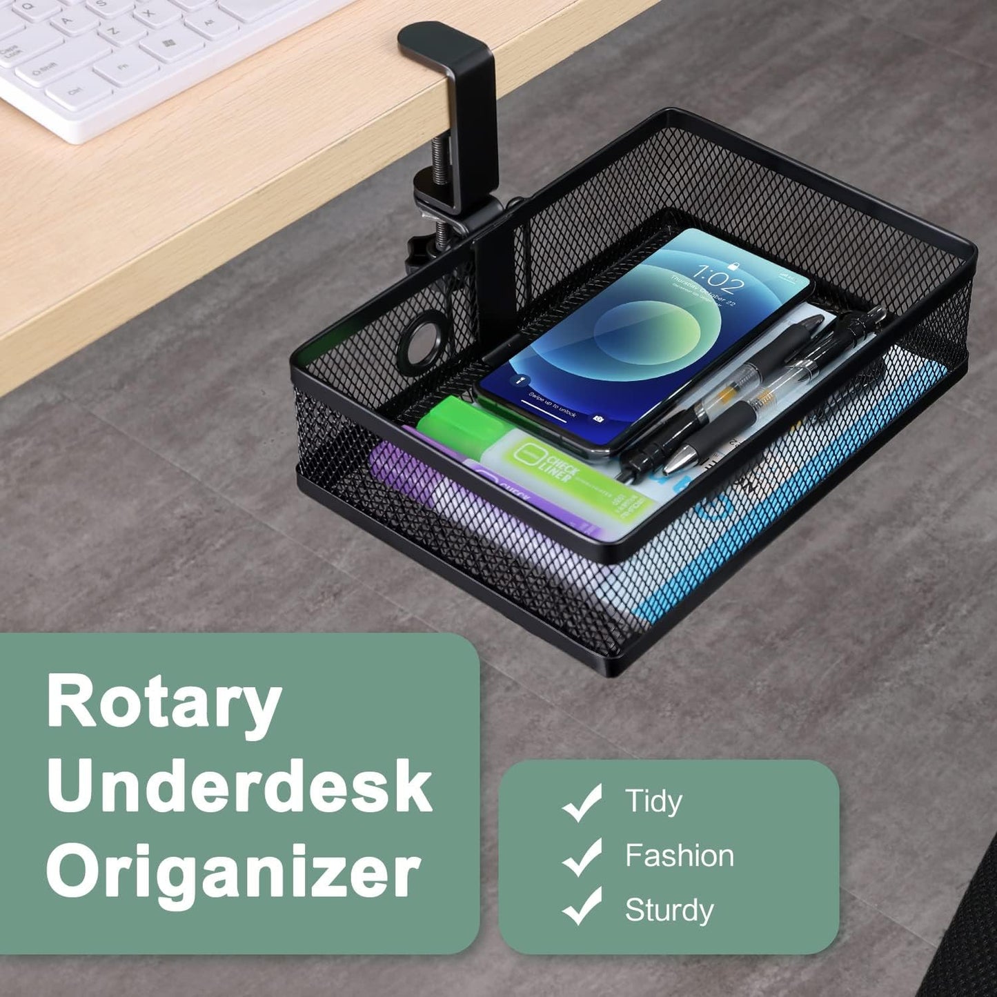 ROSLINE Under Desk Storage Organizer, Clamp on Drawer Basket, Hanging Storage, Mount Tray, Suitable for Multiple Scenes (Black)