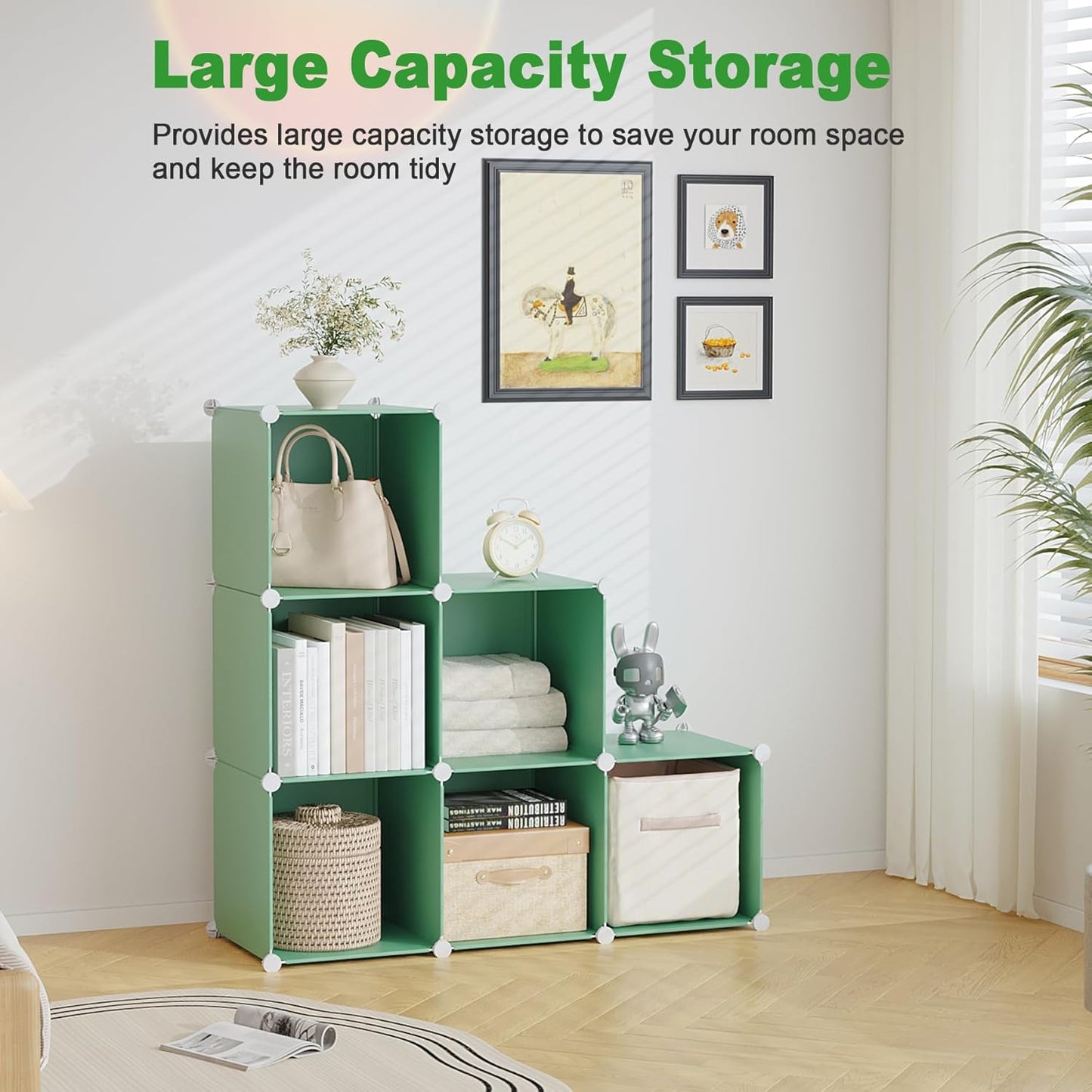C&AHOME 6-Cube Storage Organizer, Stackable Storage Cubes Shelves, Portable Bookshelf, Plastic Clothing Storage Closet Organizer, DIY Modular Shelving Units for Wardrobe, Home, Green