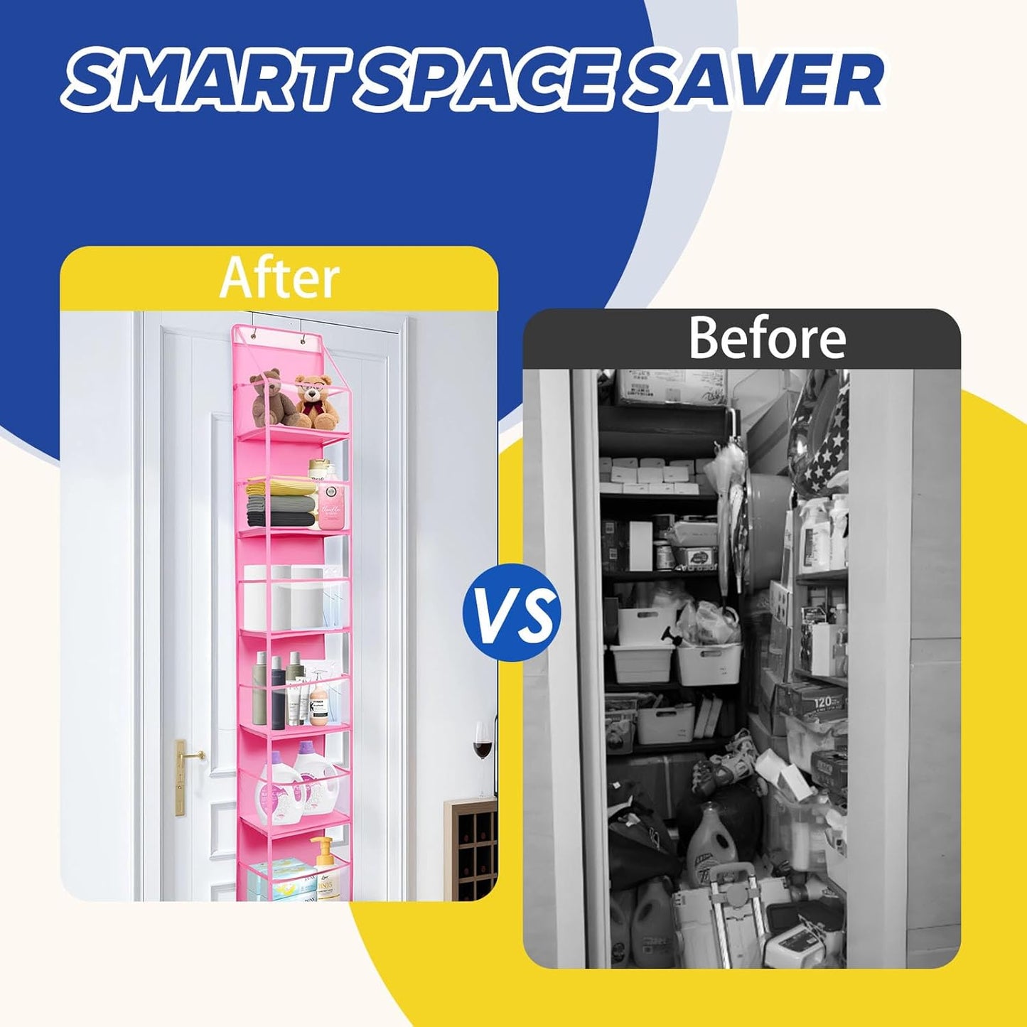 2 Packs Over The Door Organizer - 6-Shelf Hanging Storage Organizer with Clear Plastic Pockets - Large Capacity Pantry Storage Shelf for Bathroom, Bedroom, Nursery (Pink)