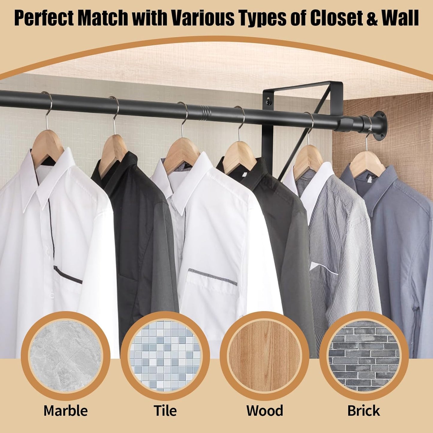 Closet Rod, 16 to 75 Inch Heavy Duty Adjustable Clothes Rod for Hanging Clothes and Heavy Duty Clothes Rod Bracket Rods Support (The Shelf NOT Included) (Black)
