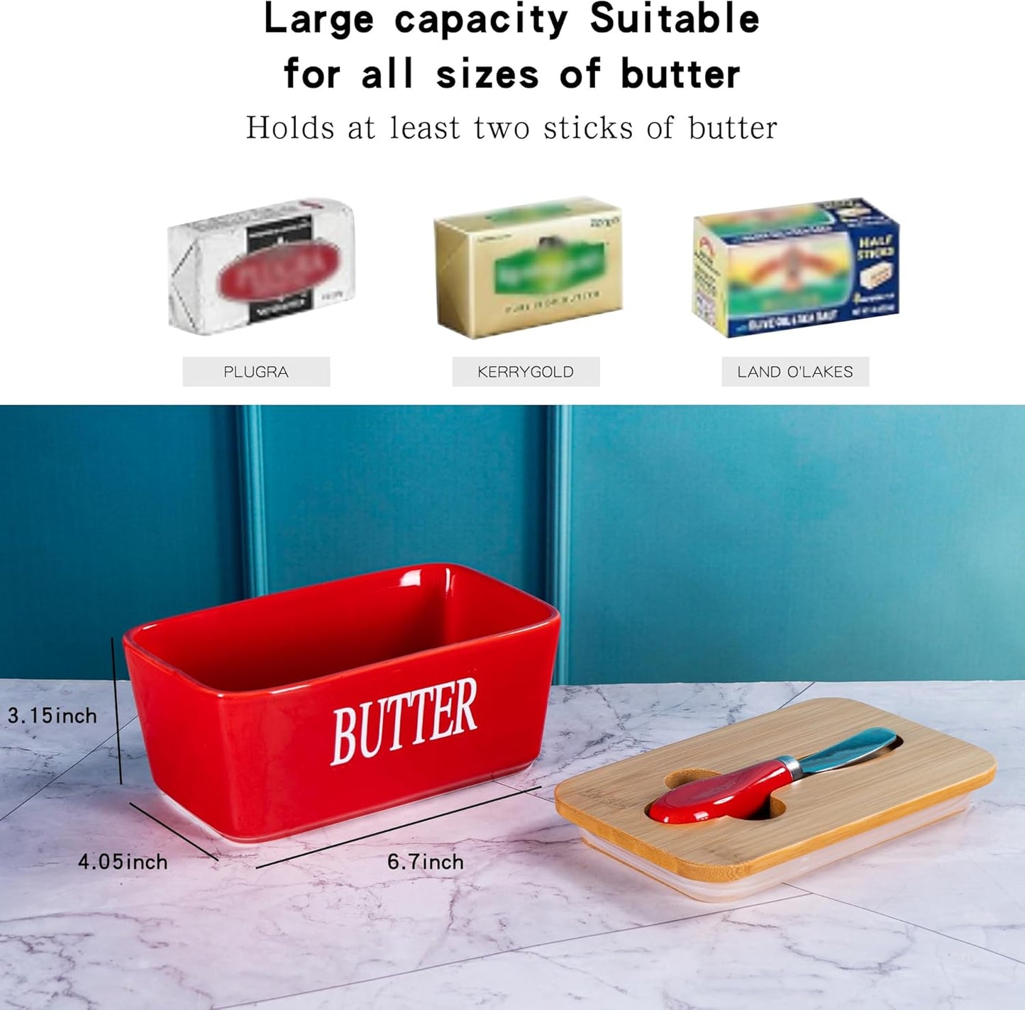 Red Butter Dish with Lid for Countertop, Large Ceramic Covered Butter Stick Holder Container for Fridge