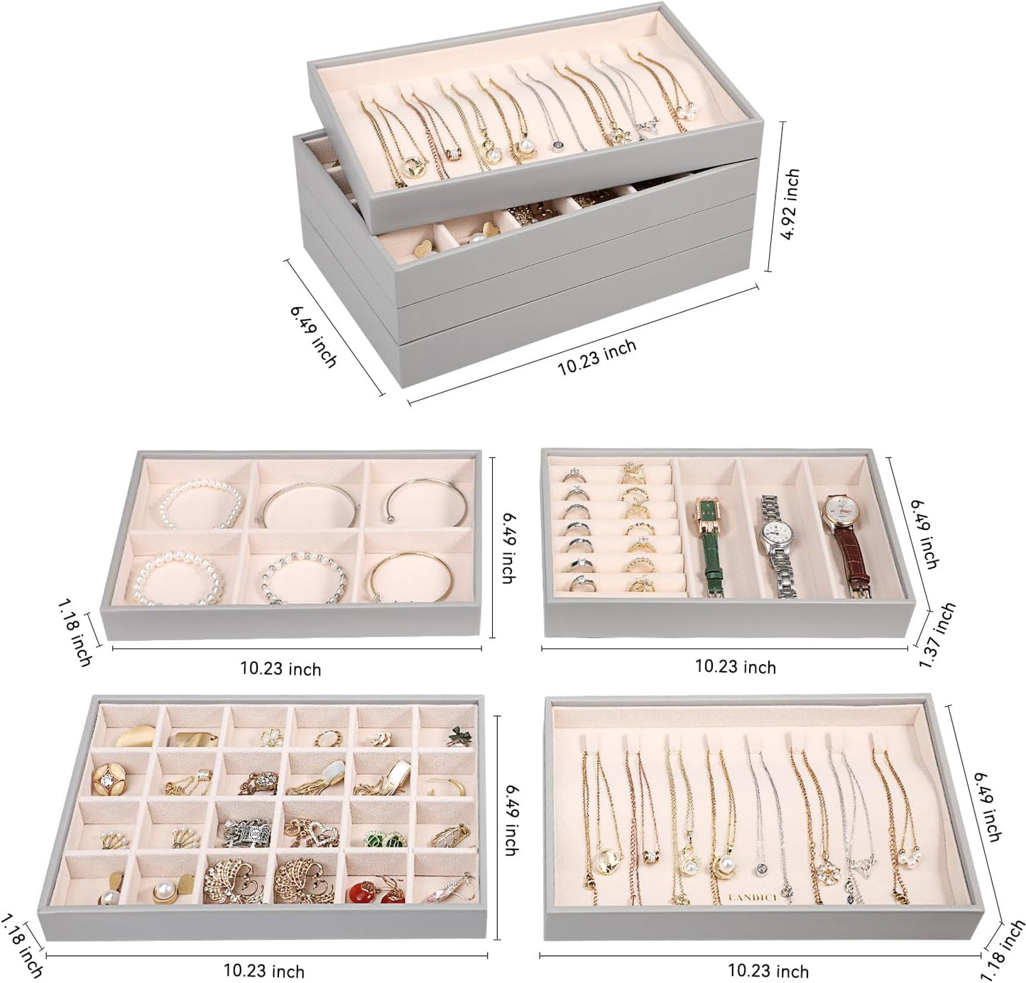 LANDICI Stackable Jewelry Organizer Trays 4 Set,PU Leather Jewelry Organizer Drawer,Jewelry Storage Display Tray for Earring Necklace Rings Bracelet with Removable Dividers,Grey