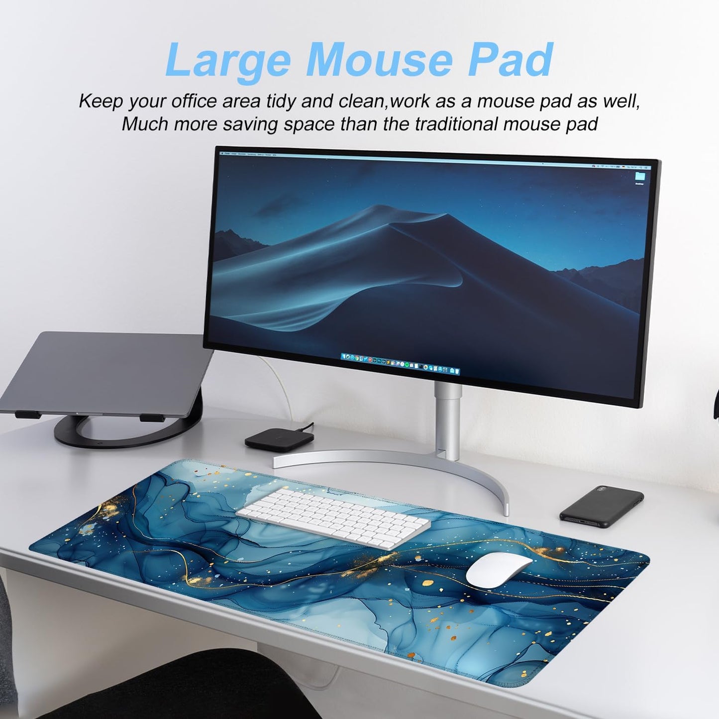 Marble Mouse Pad XXL – Large Blue Gold Marble Texture Desk Mat, Extended Non-Slip Mousepad for Office, Home, Workstation, Elegant Aesthetic Decor,31.5 x 11.8 in