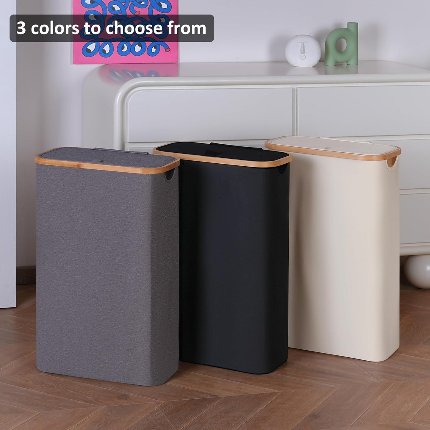 Slim Laundry Basket,60L Laundry Hamper with Lid, Tall Hamper for Laundry,Dirty Cloth Hamper with Bamboo Handle for Toys,Towels, Clothes Organizing,Pink