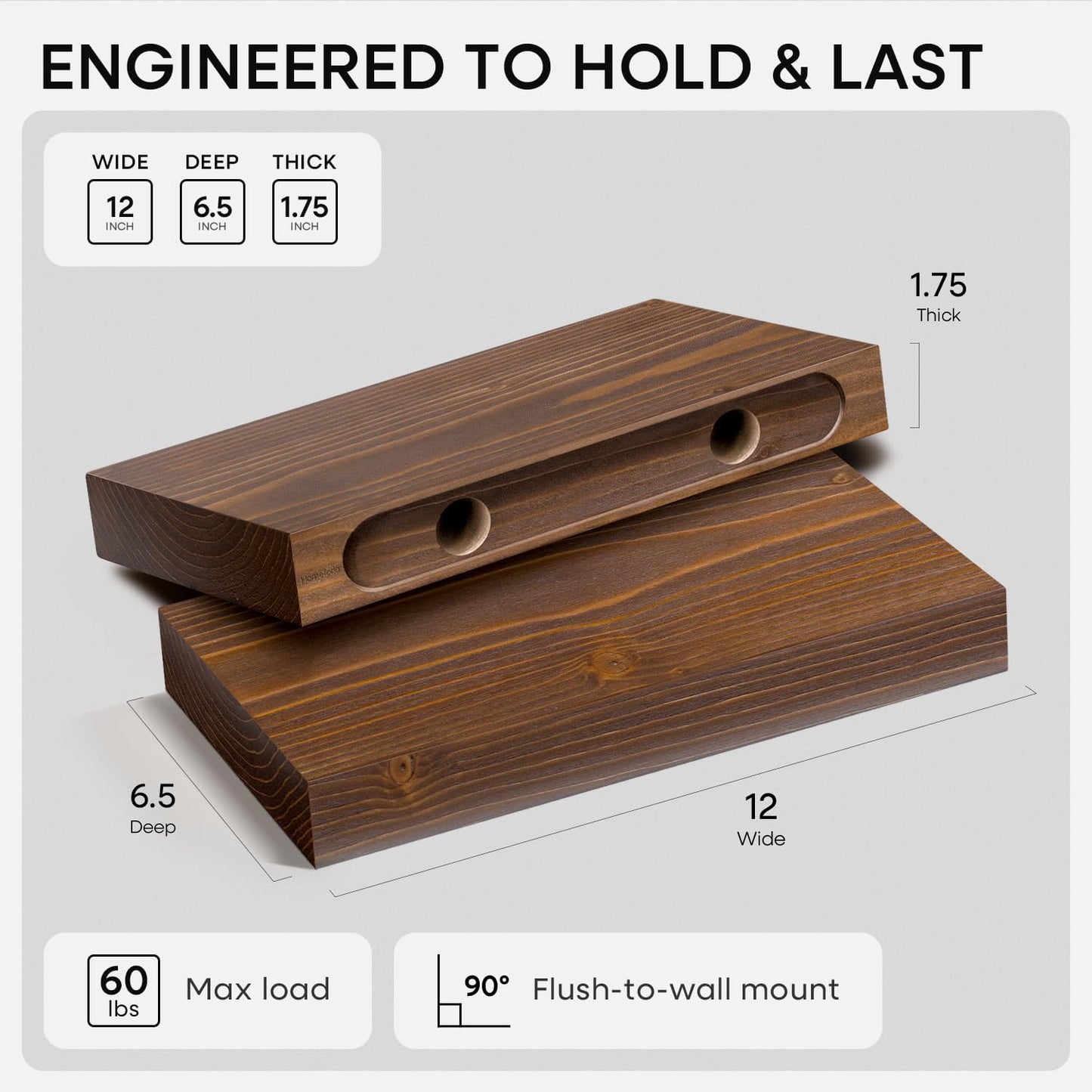 Homeforia Classic Walnut 12 inch Floating Shelf, High End Solid Real Wood Small 12inch Floating Shelves for Wall Mounted, 12in Floating Shelves, Heavy Duty Bracket, 12 X 6.5 X 1.75 inches, Set of 4