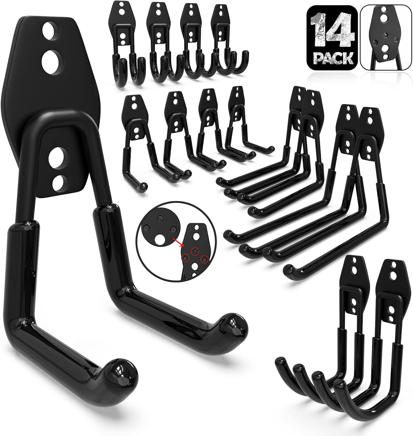3-H Garage Wall Hooks 14 Pack, Garage Hooks Heavy Duty with Extra Welding Spots, Wall Mount Storage Organizer for Hanging Garden Lawn Tools, Ladder, WeedEater, Chair, Shovel, Blower (Black)