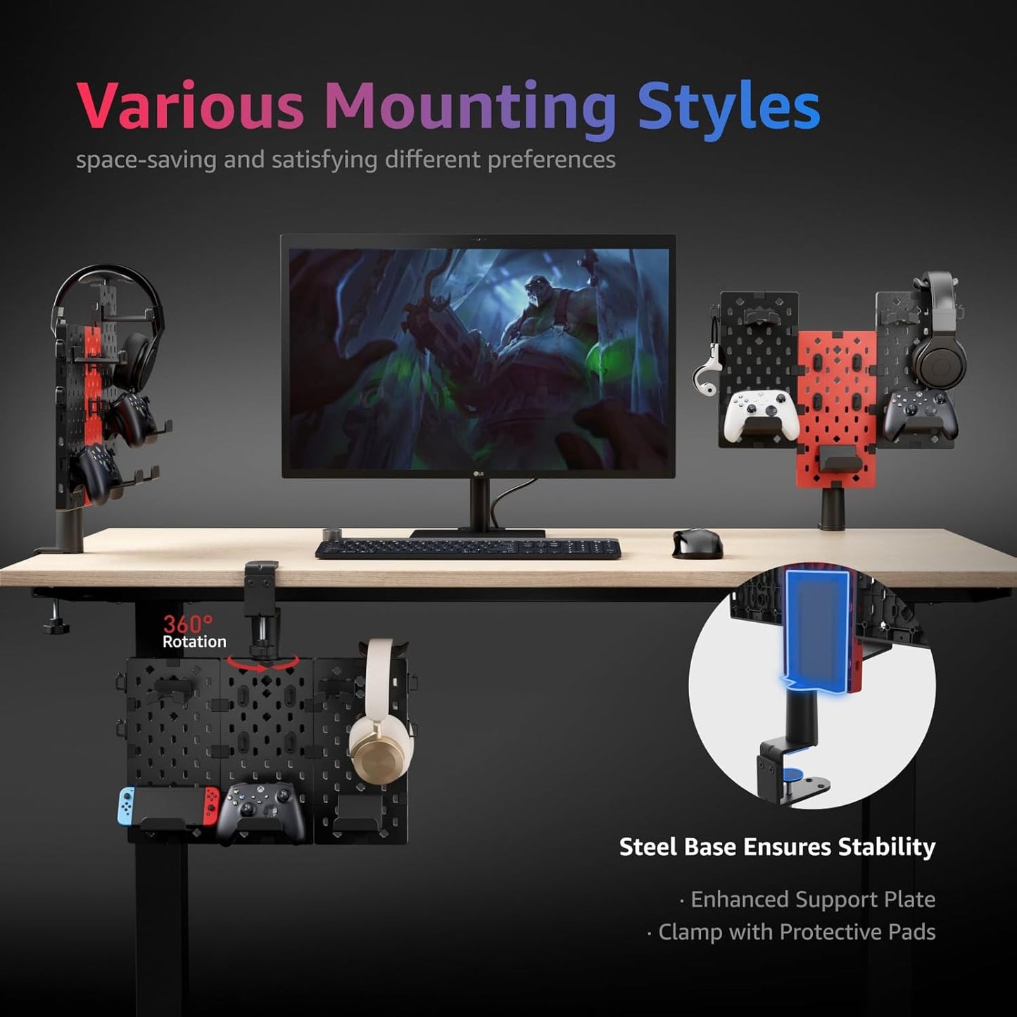 PEGZONE Modular Headphone and Controller Holder for Game, Clamp-on Pegboard, Rotatable Controller Stand with Cable Hooks, Gaming Accessory for Xbox PS5 PS4 Nintendo Switch, 3Pcs Pegboard, Red
