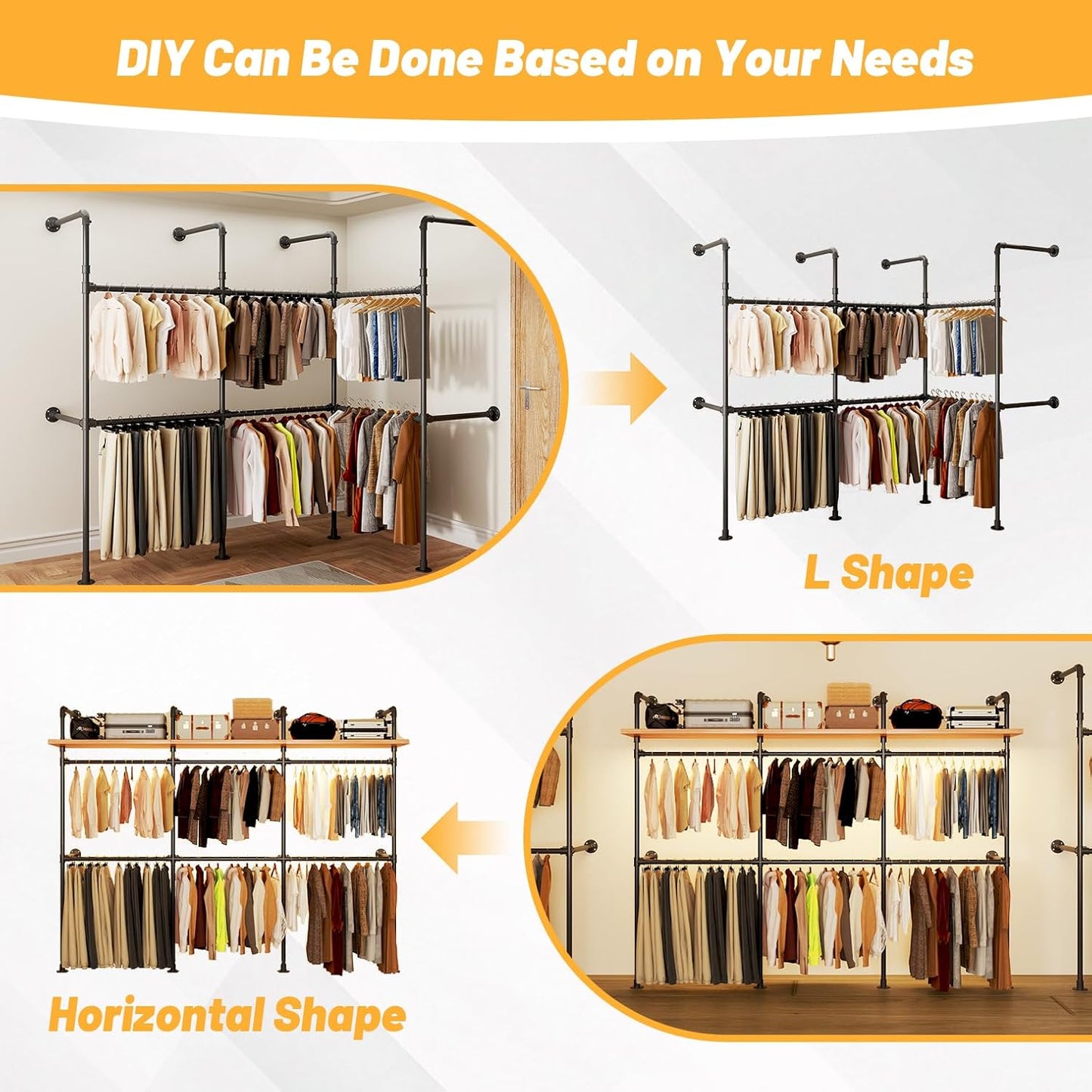 Industrial Pipe Clothing Rack, Reversible 118.3'' Clothes Rack for Hanging Clothes, Black Wall Clothing Rack Wall Mounted Rack for Walk-in Closet, Laundry Room or Retail Display (丨丨丨)