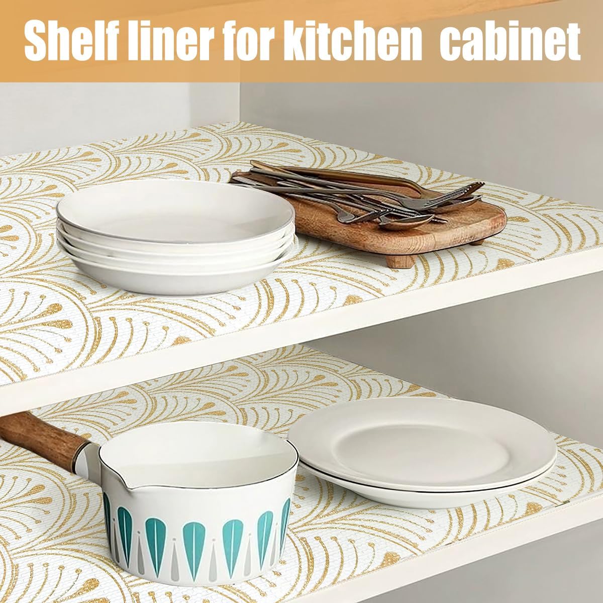 Drawer and Shelf Liner for Kitchen Cabinets, Non-Adhesive Shelf Liners Non-Slip Drawer Liners Gold Thick Strong Grip Kitchen Cabinet Liner Waterproof Washable Mats Protect 12IN × 10FT