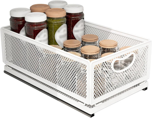 Sliding Cabinet Basket Organizer Drawer Self Adhesive Slide out Pantry Shelves Heavy Duty Carbon Steel Slide Cabinet Storage Basket with Handle for Bathroom Kitchen Home