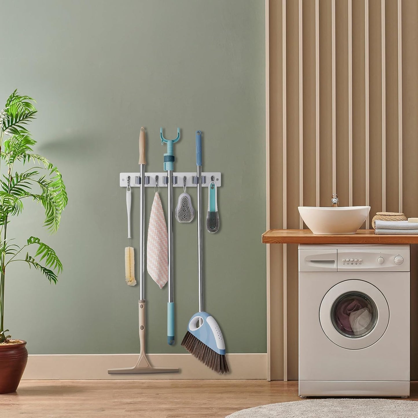 White Mop Broom Holder Wall Mount with 3 Slots & 4 Hooks - Wood Broom Mop Hanger for Pantry Kitchen Organization - Garden Tool Organizer for Closet Laundry Room
