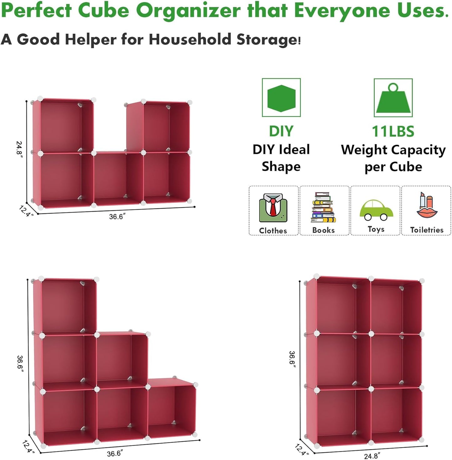 C&AHOME 6-Cube Storage Organizer, Stackable Storage Cubes Shelves, Portable Bookshelf, Plastic Clothing Storage Closet Organizer, DIY Modular Shelving Units for Wardrobe, Home, Red