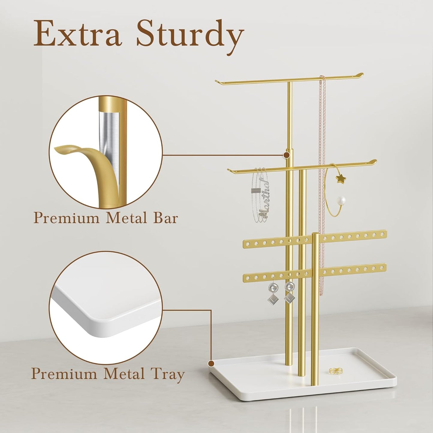 Jewelry Holder Organizer Stand - Adjustable Jewelry Tree 17.5" Height (Max), Jewlery Hanger for Necklaces, Bracelets, Earrings, Aesthetic for Storage and Display, Metal, Gold and White