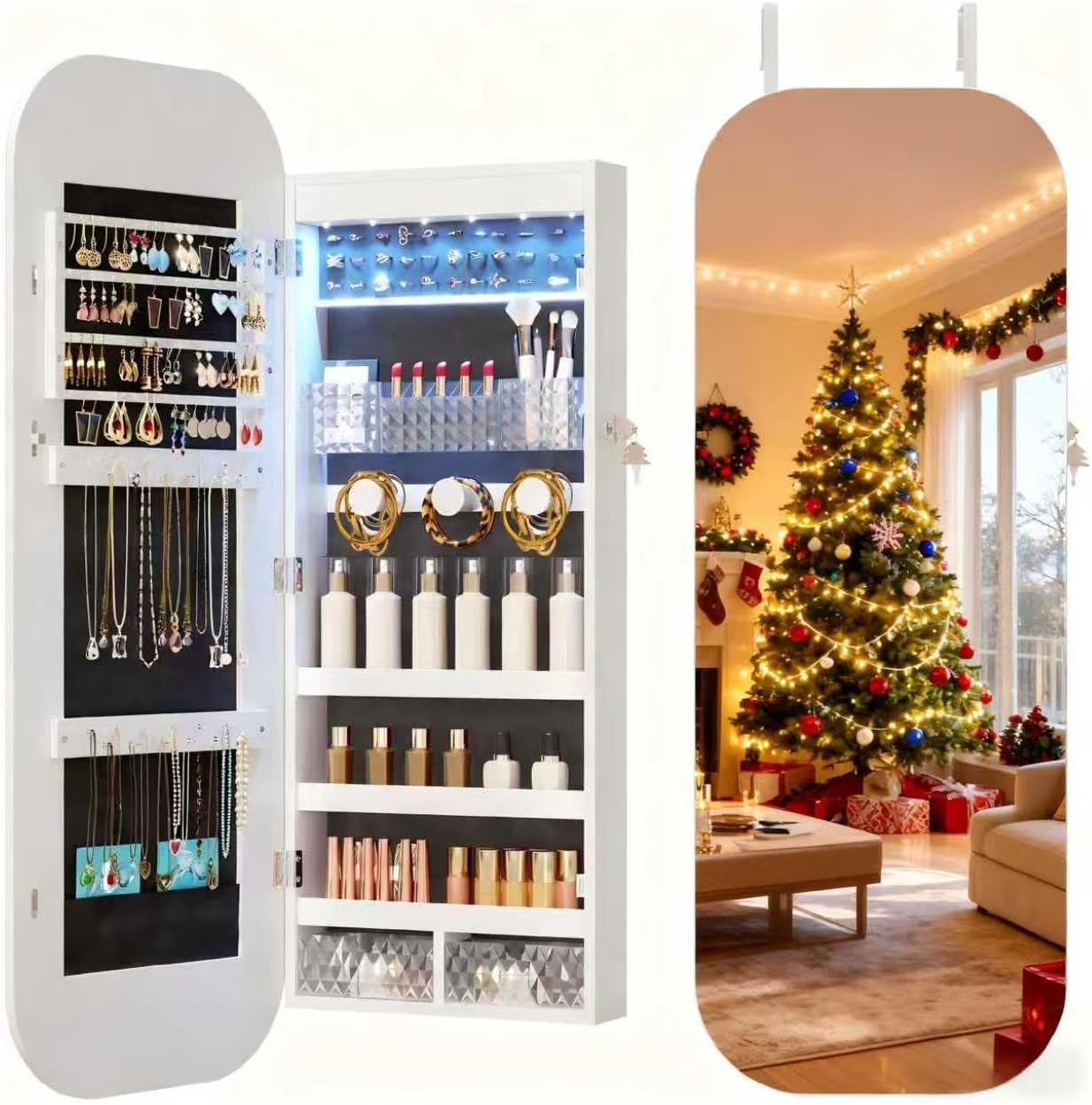 LVSOMT Round Mirror Jewelry Cabinet Door Hang, Jewelry Armoire with Mirror Wall Mounted, Hanging Mirror Jewelry Organizer, Full Length Mirror with Jewelry Storage, White