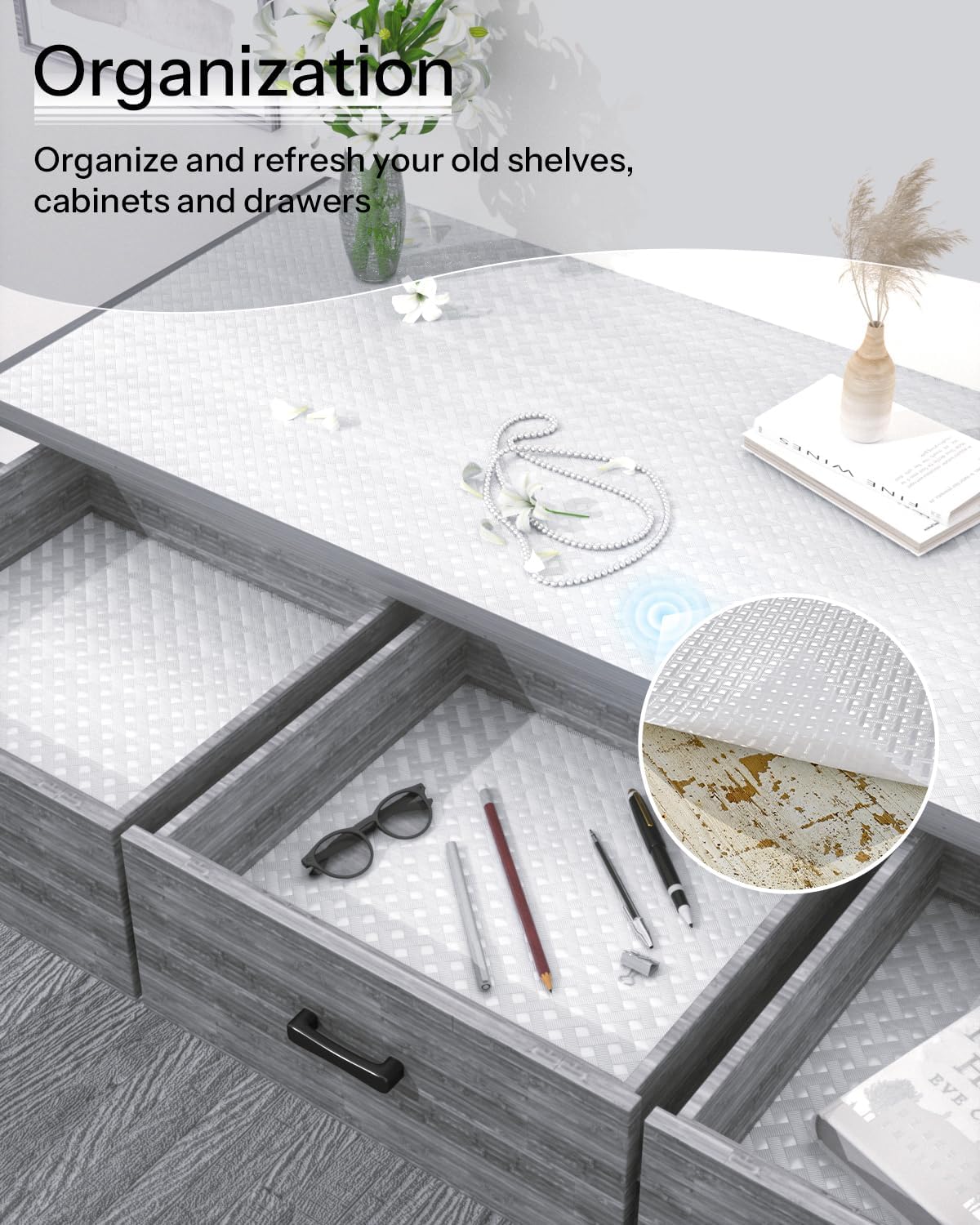 Shelf and Drawer Liner for Kitchen Cabinet, Non-Adhesive 24in x 240in Waterproof Contact Paper Refrigerator Liners Thickened Durable EVA Material Non Slip Mat for Dresser Cupboard Pantry Protector