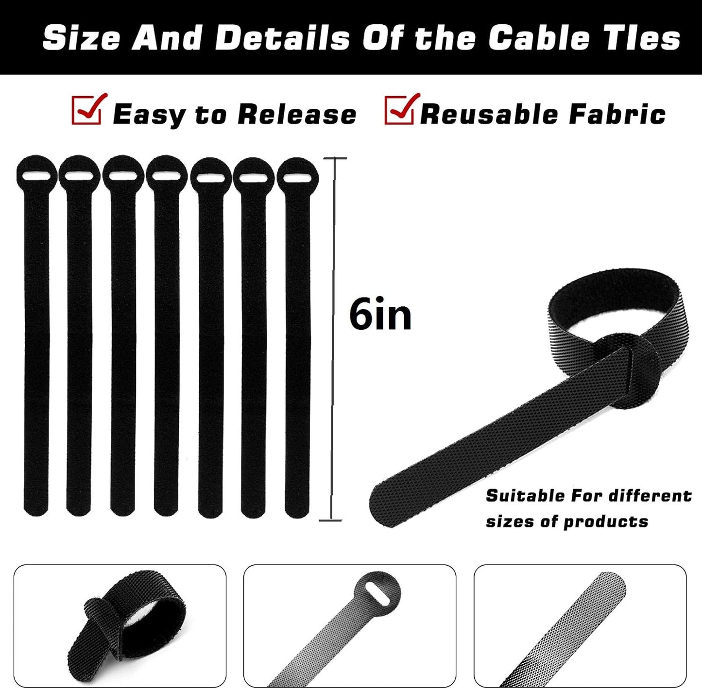 200PCS Reusable Fastening Cable Ties, 6-Inch Cable Straps Cable Management, Multi-Purpose Hook & Loop Cord Organizer Wire Ties, Adjustable Cable Organizer Cord Ties, Microfiber Cloth Straps, Black