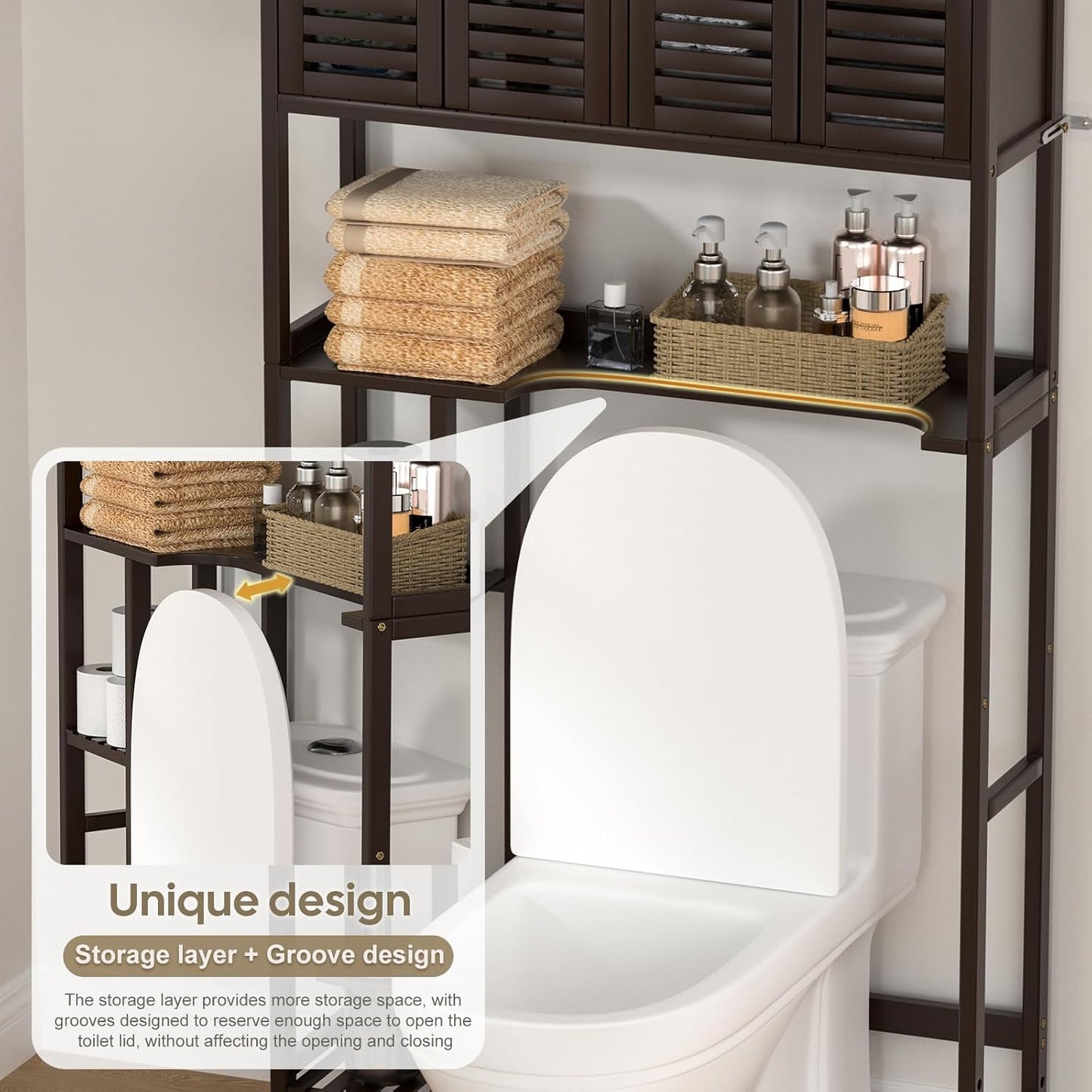 Over The Toilet Storage Cabinet with Paper Holder Stand,Bamboo Bathroom Organizer Shelf with Four Door and Waterproof Feet Pad,Space Saver Rack with Anti-Tip Design (Brown)