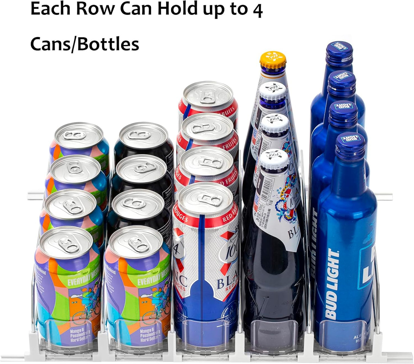 RULA Drink Organizer for Fridge, Self-Pushing Soda Can Dispenser for Mini Refrigerator, Width Adjustable Water Bottle Pusher Glide, White, 5 Rows,12.2” D