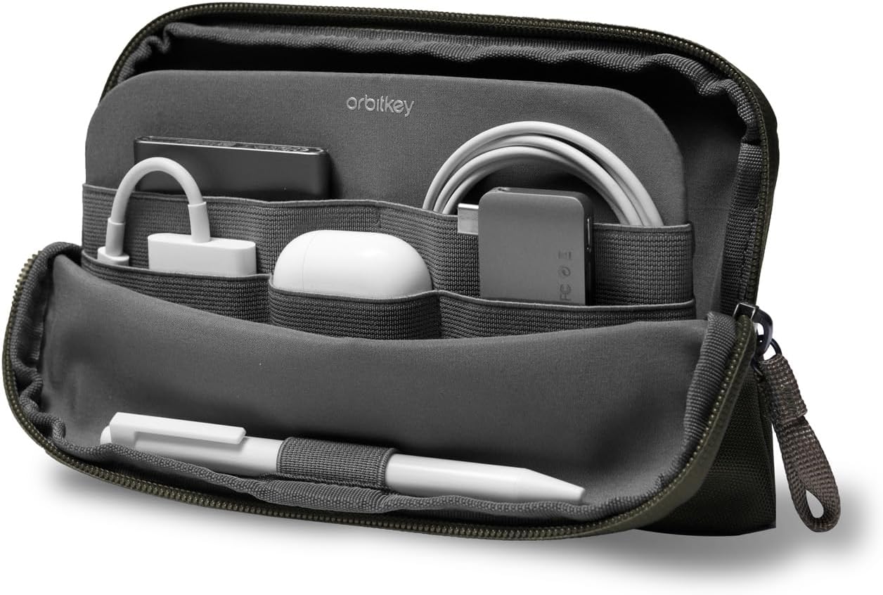 Olive Expandable Desk Storage Pouch – Fold-Down Access Panel, Pen Loop, Recycled Water-Resistant Material – Self-Standing Organizer for Office, Travel, Tech Gear