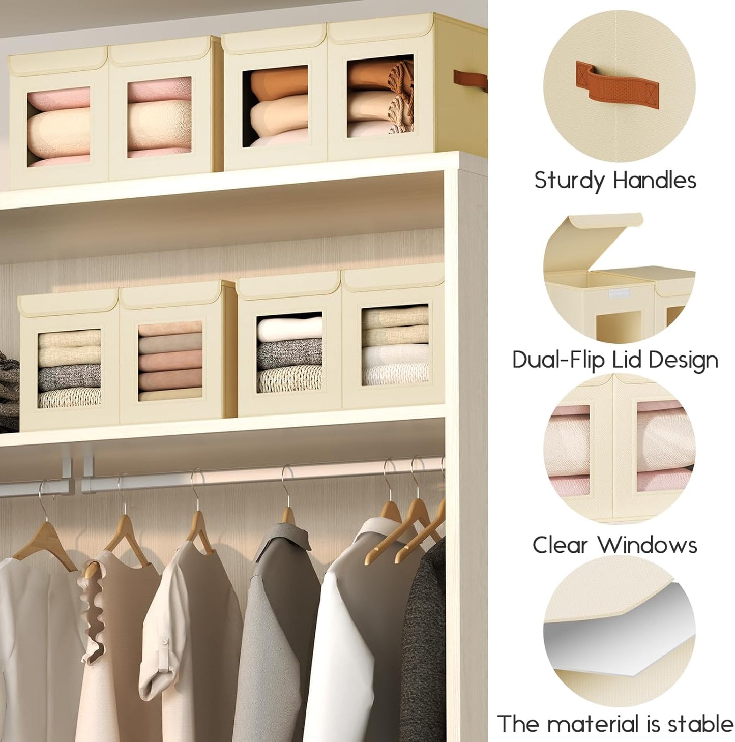 Large Closet Storage Bins - Collapsible Divided Clothes Organizer with Lids & Dual Window, Fabric Organizing Bins for Clothes, Sweater, Toys, Bedroom, Office (Beige, 3 Pack)