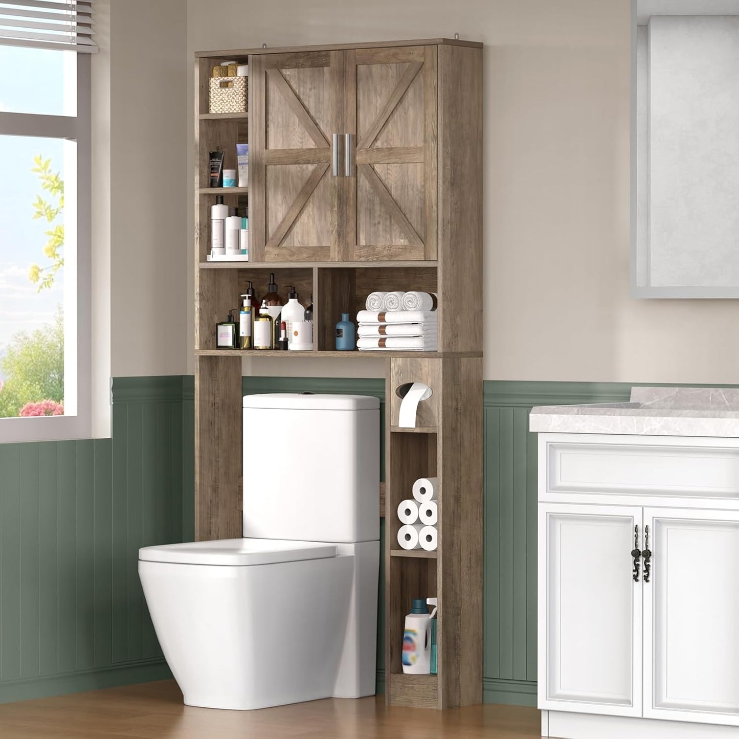 Winkalon Over The Toilet Storage Cabinet with 2 Barn Doors and Adjustable Shelves, Freestanding Toilet Shelf Organizer with Toilet Paper Holder, Space Saver for Bathroom, Restroom, Laundry (Wood)