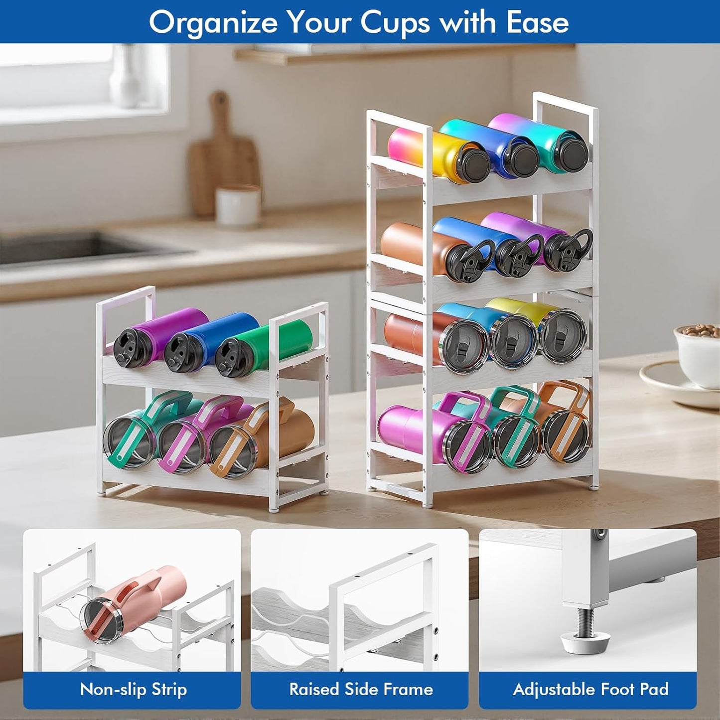 Wooden Water Bottle Organizer, 20/30/40oz Tumbler Organizer, Bottle Holder for Owala/Yeti/Stanley, Kitchen Pantry Water Bottle Storage Rack for Cabinets, Wood Wine Rack, 4 Tier Hold 12
