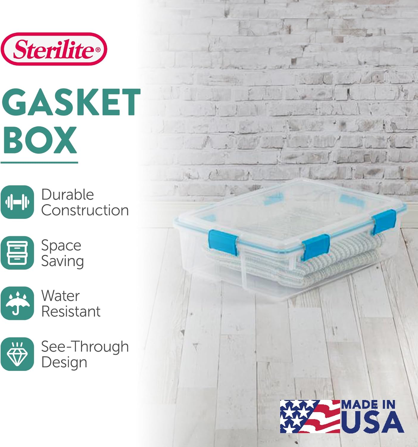 Sterilite 4-Pack Gasket Box, Weather-Resistant Storage Bins with Latching Lids, 37 Quart - Heavy-Duty Organizing Containers for Closet, Bathroom, and Office