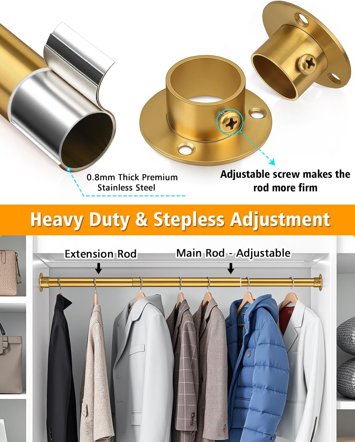 Closet Rods for Hanging Clothes, 17-40 Inch Heavy Duty and Stepless Adjustable Closet Poles, Stainless Steel Closet Hanging Rod for Closet, Wardrobes, Laundry Room, Bathroom, RV (Gold)