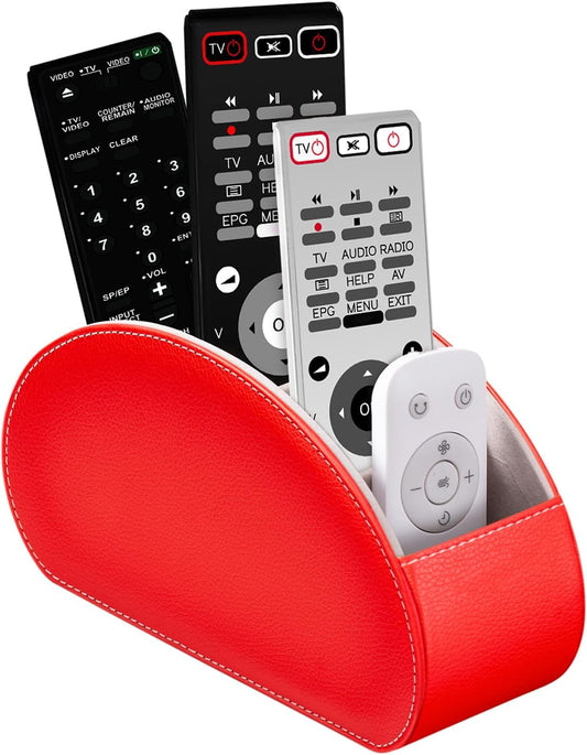 BONNY DODO Remote Control Holders Organizer Box with 5 Compartment PU Leather Multi-functional Office Desk Storage Caddy Store Tv Remote for Media Player,Brush,Pencil,Glassees&Office Supplies (Red)