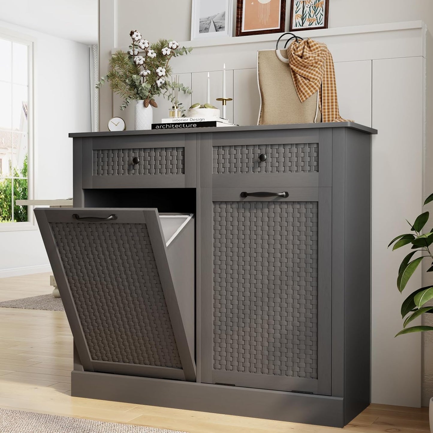 Double Tilt Out Laundry Hamper Cabinet,10 Gallon Laundry Cabinet with Drawers ＆ 2 Hidden Baskets, Farmhouse Storage Basket for Laundry Room, Bathroom, Kitchen, Gray