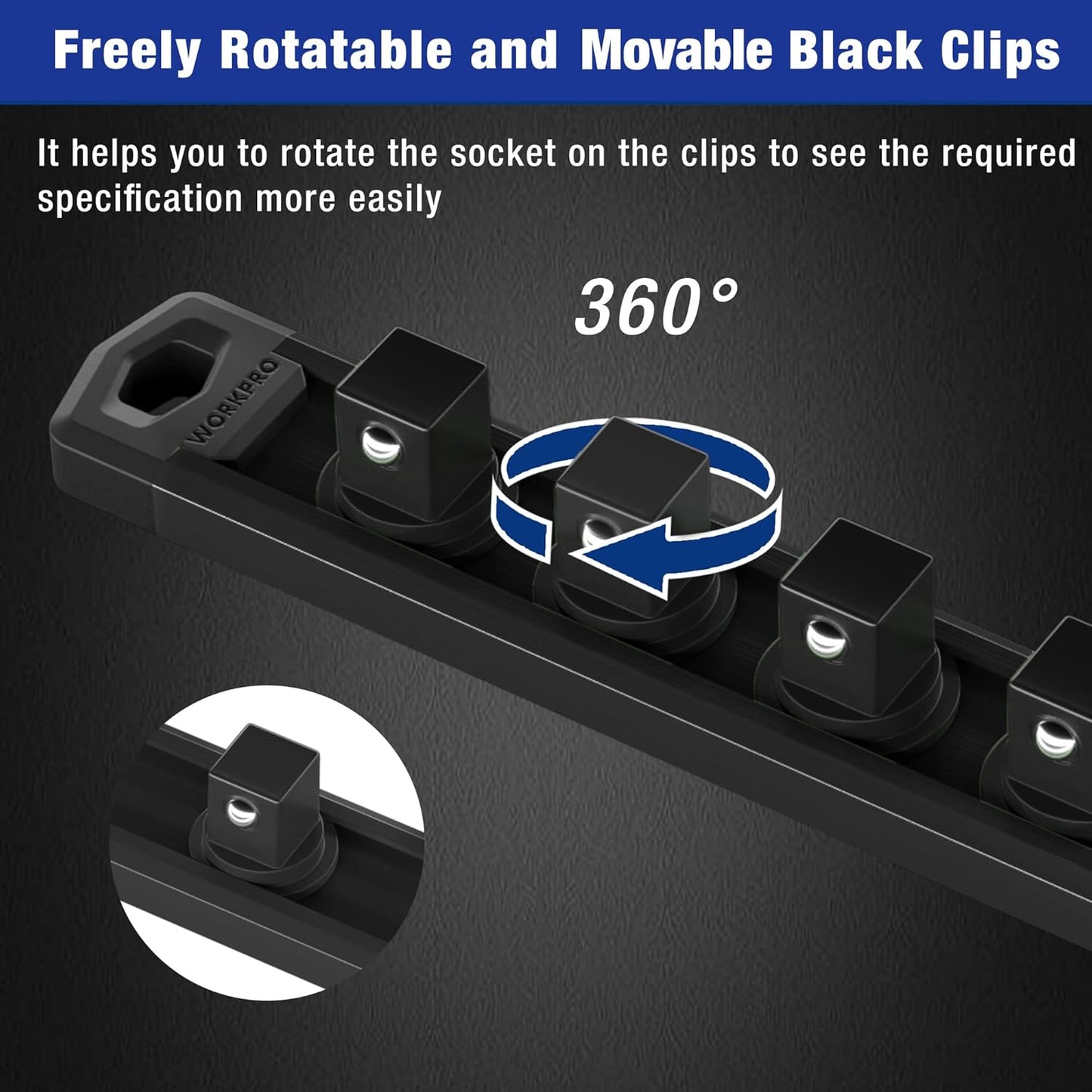 WORKPRO Magnetic Socket Organizer, 1/2-Inch Drive Aluminum Alloy Socket Rail, Heavy Duty Socket Holder, Socket Rack Kit 1/2-Inch x 10 Clips Black (Socket not Included)