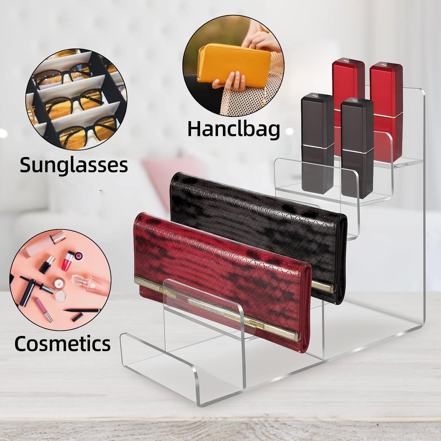 Acrylic Wallet Display Stand Purse Handbag Organizer, Clear Jewelry Riser Display Stand Purse Display Rack, Acrylic Display Shelf for Cosmetic Perfume Jewelry Sunglasses Handbag (2 PCS-6 Tier)