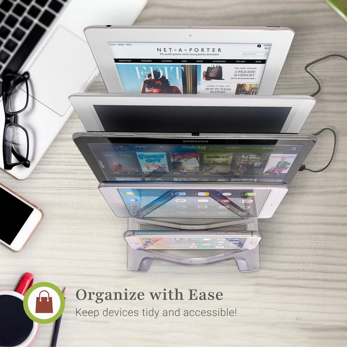 Prosumer's Choice Universal 5 Tablet and Smartphone Charging Organizer Rack Desktop Stand Holder | for Home or Office Supplies | Tablet Divider Stand - Clear