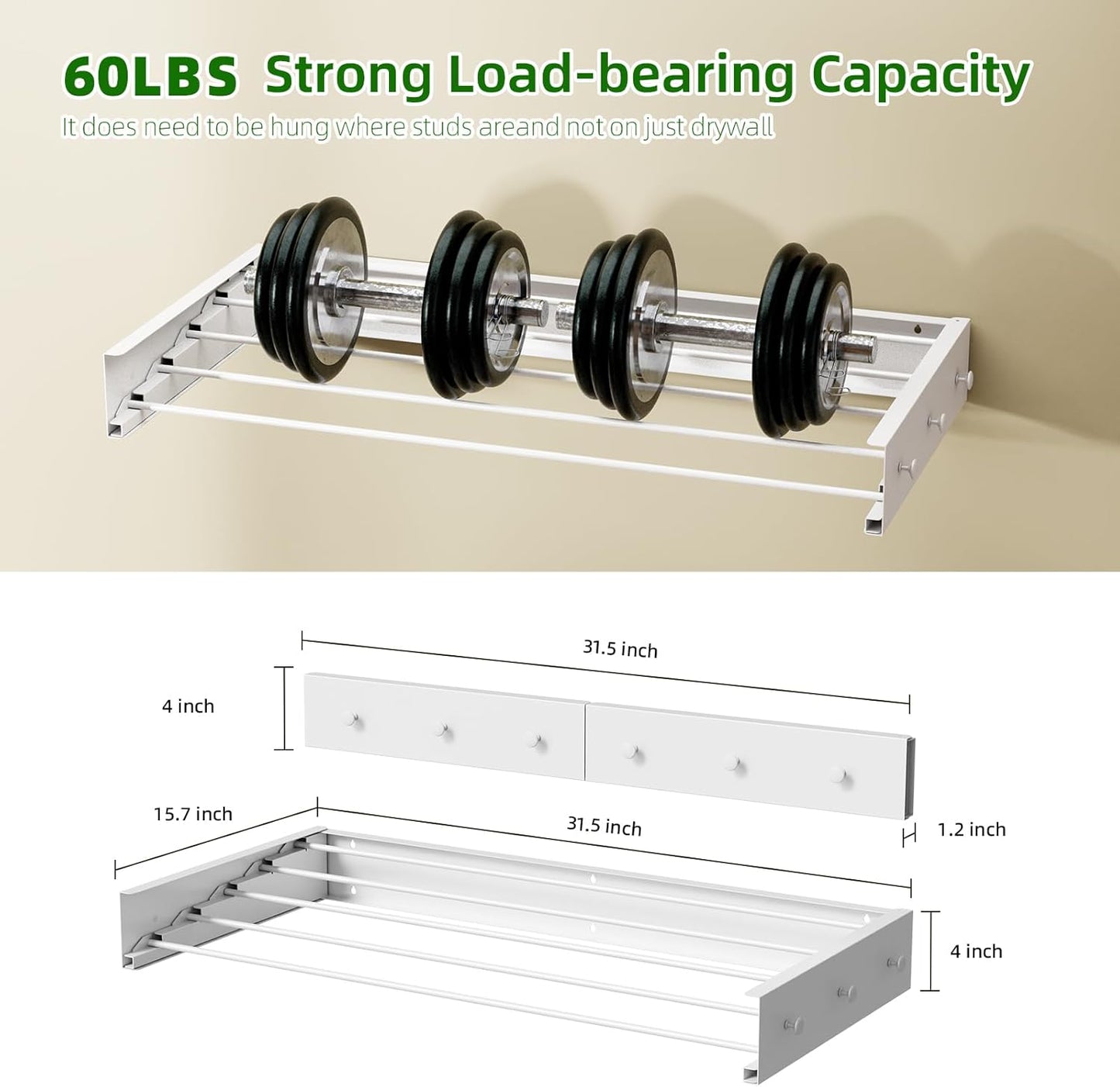 Wall Mounted Drying Rack for Laundry 31.5'', Folding Clothes Drying Rack Wall Mount with 5 Rods and 6 Hooks, Space Saving Collapsible Towel Rack for Indoor Outdoor Bathroom Balcony (White, 31.5'')