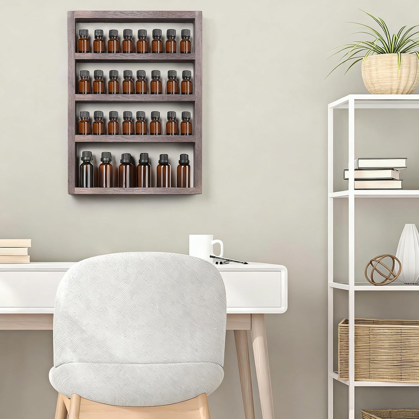 ETELI Essential Oil Storage Rack 4 Tier Wall Mounted Wooden Display Shelf Holder Nail Polish Organizer with Groove Inside for Bedroom Bathroom Powder Room, Rustic Brown