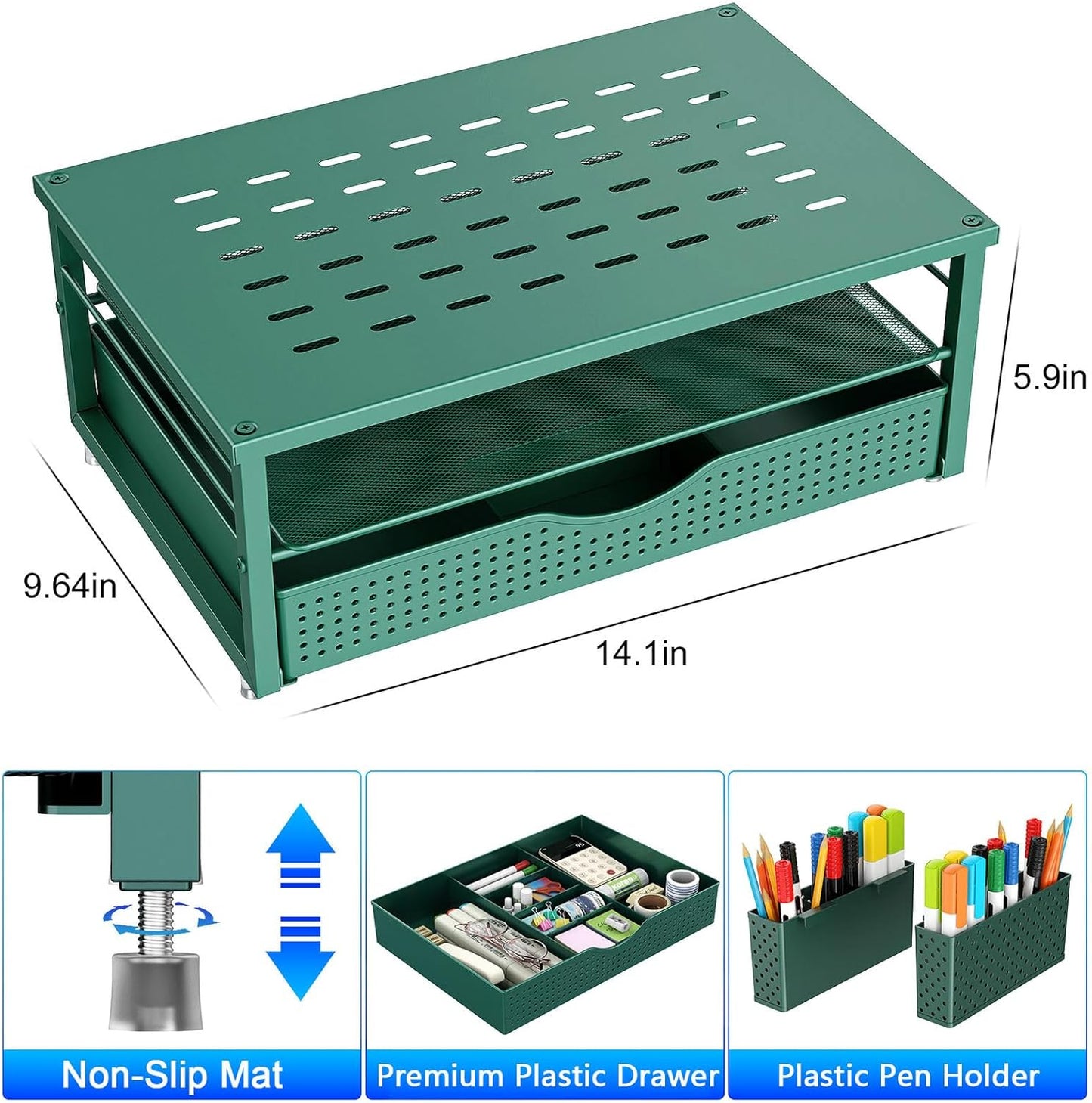 gianotter Desk Organizers and Accessories, Monitor Stand with Drawer and 2 Pen Holder, Desktop Organizer Suitable for Offices and Dormitories (Green)