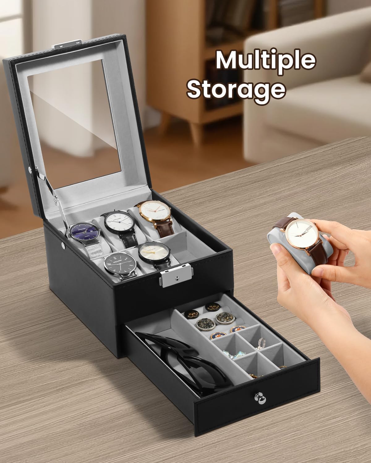 Uten 6-Slot Watch Box, 2-Layers PU Leather Watch Case with Glass Lid, Watch Holder Organizer with Soft Pillow and Velvet Lining, Watch and Jewelry Storage Box