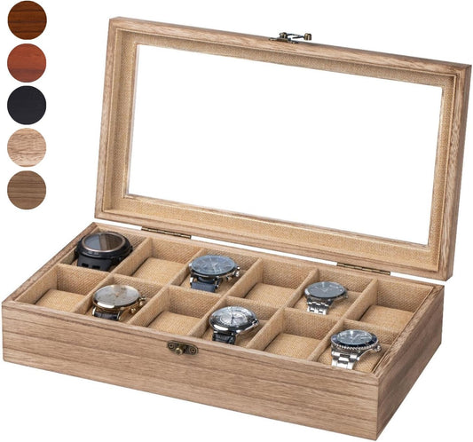 Watch Box, Watch Case for Men Women with Large Glass Lid, Wooden Watch Display Storage Box with 12 - Slots, Weathered Wood Mens Watch Box Organizer