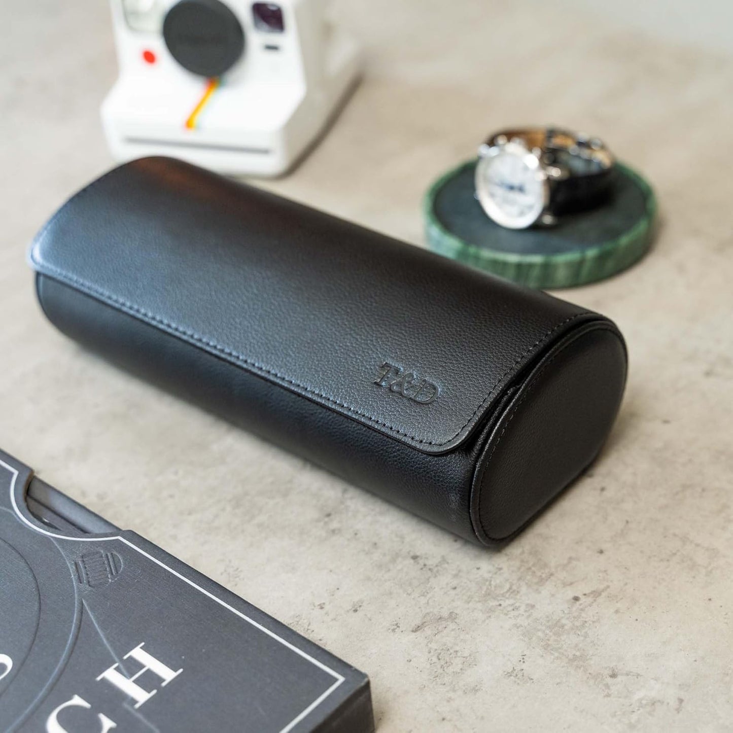 DailyWatch | Personalized Watch Roll Travel Case For 3 Watches - Handmade Genuine Leather Travel Case With Custom Engraving of Name or Initials - All Black
