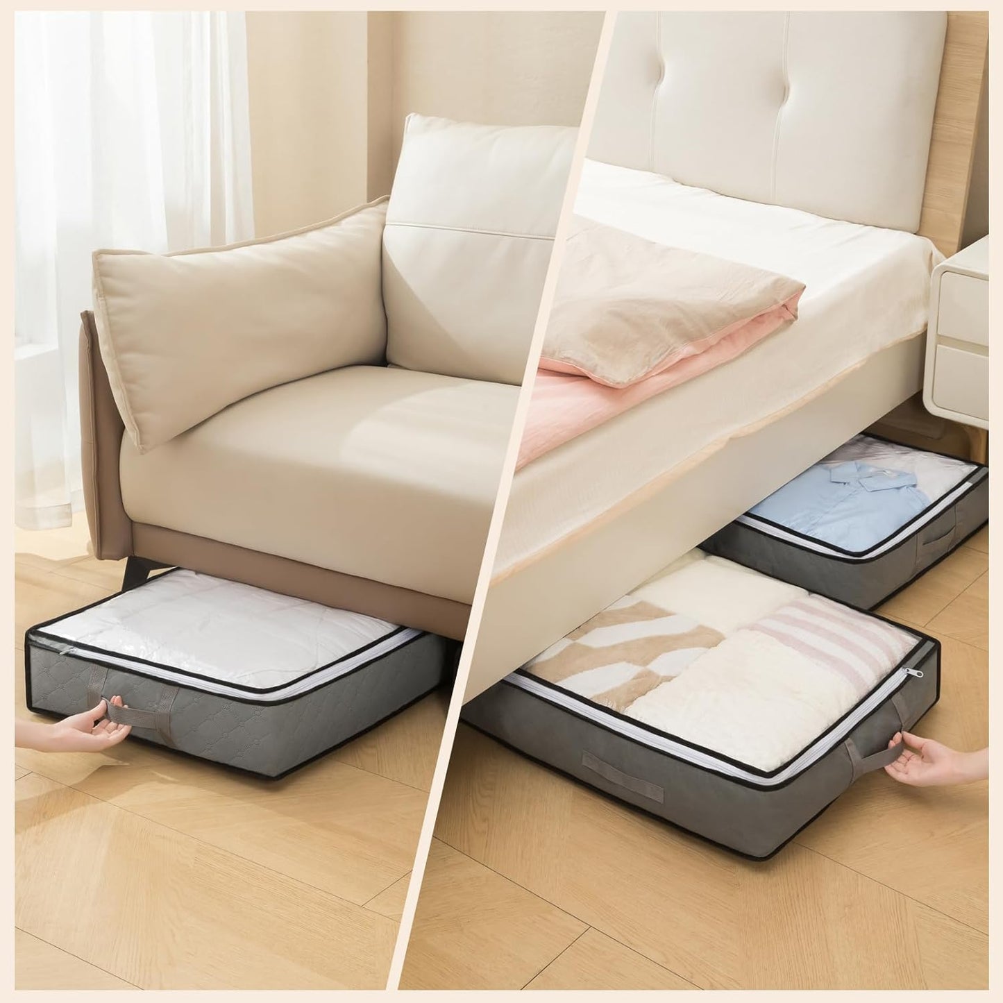 90L Under Bed Storage Containers, Closet Organizers and Storage Bins, Foldable Underbed Storage Bags for Blanket, Clothing, Comforter, Sweaters, Pillows, Linen Sheets, Wrapping Paper, grey