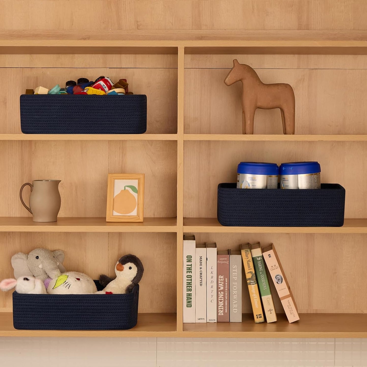 Large Shallow Organizing Baskets 15x11x5.1 Inches - Rope Woven Storage Bins for Bathroom, Shelves, Cube Closet, Navy Blue 4 Packs
