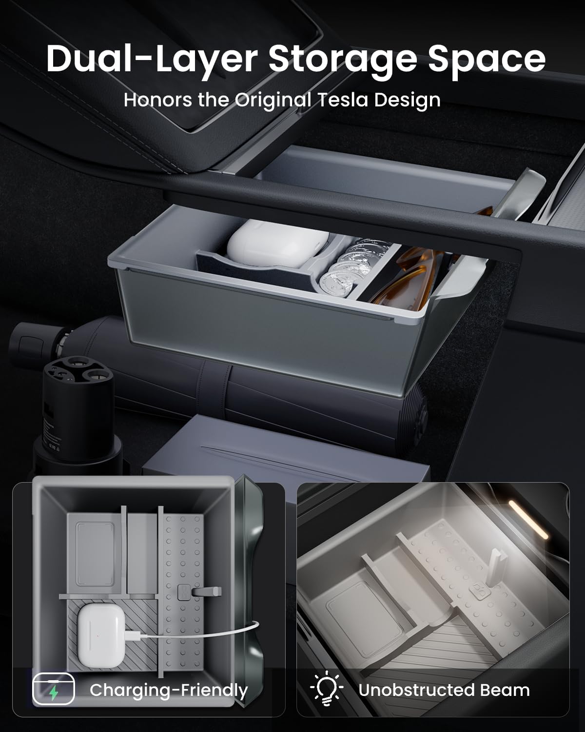 REEVAA 2026 Tesla New Model Y Juniper Accessories - Center Console Organizer [Maximized Space | OEM Fit & Noise-Free] 2-Layer Material, Fit for Model Y 2025-2026, 4PCS, Gray