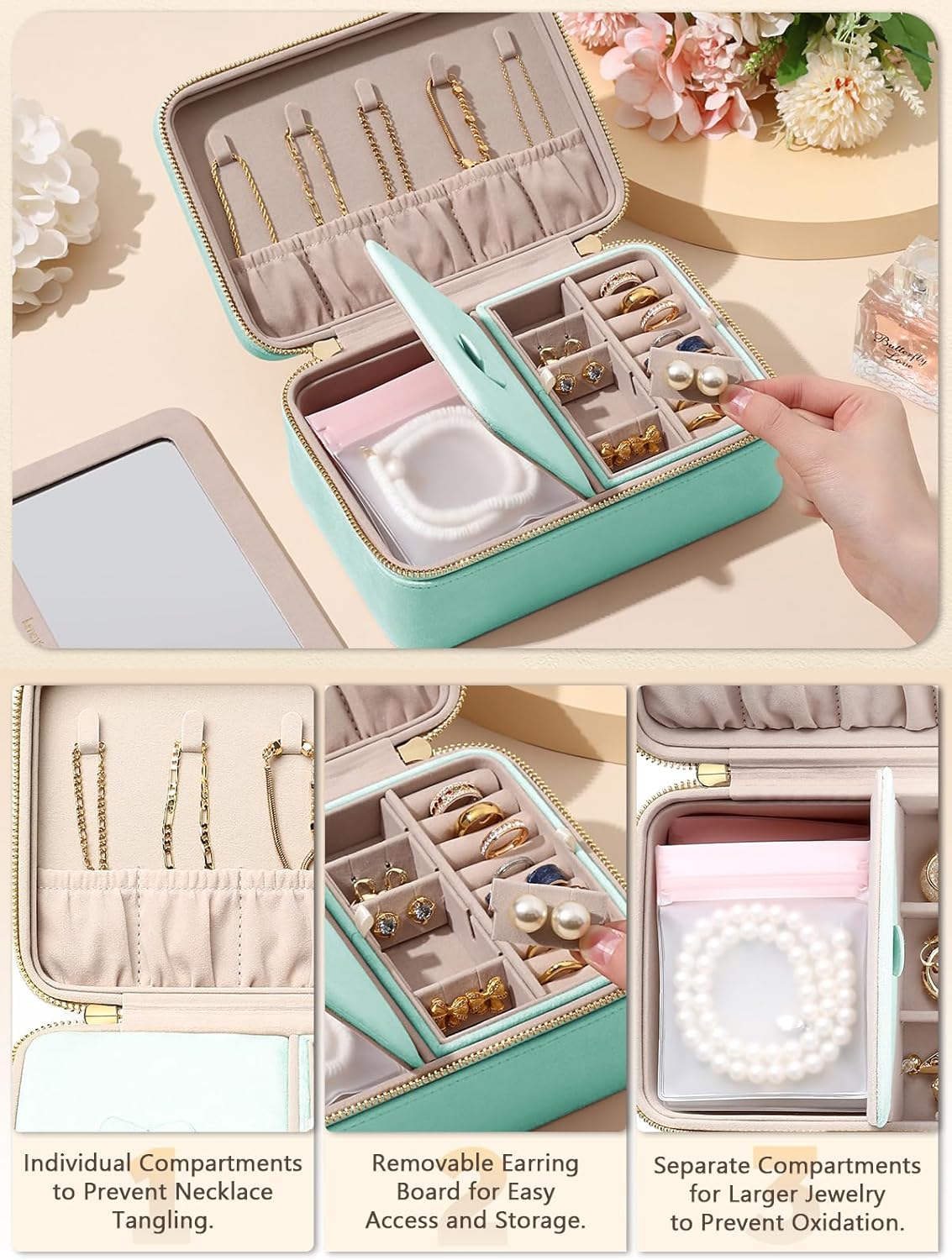 Velvet Travel Jewelry Box with Large Mirror, Double-Layer Jewelry Organizer Case for Women and Girls, Portable Storage Case with 6 Anti-Tarnish Bags Gift Ready for Her (Mint Green)