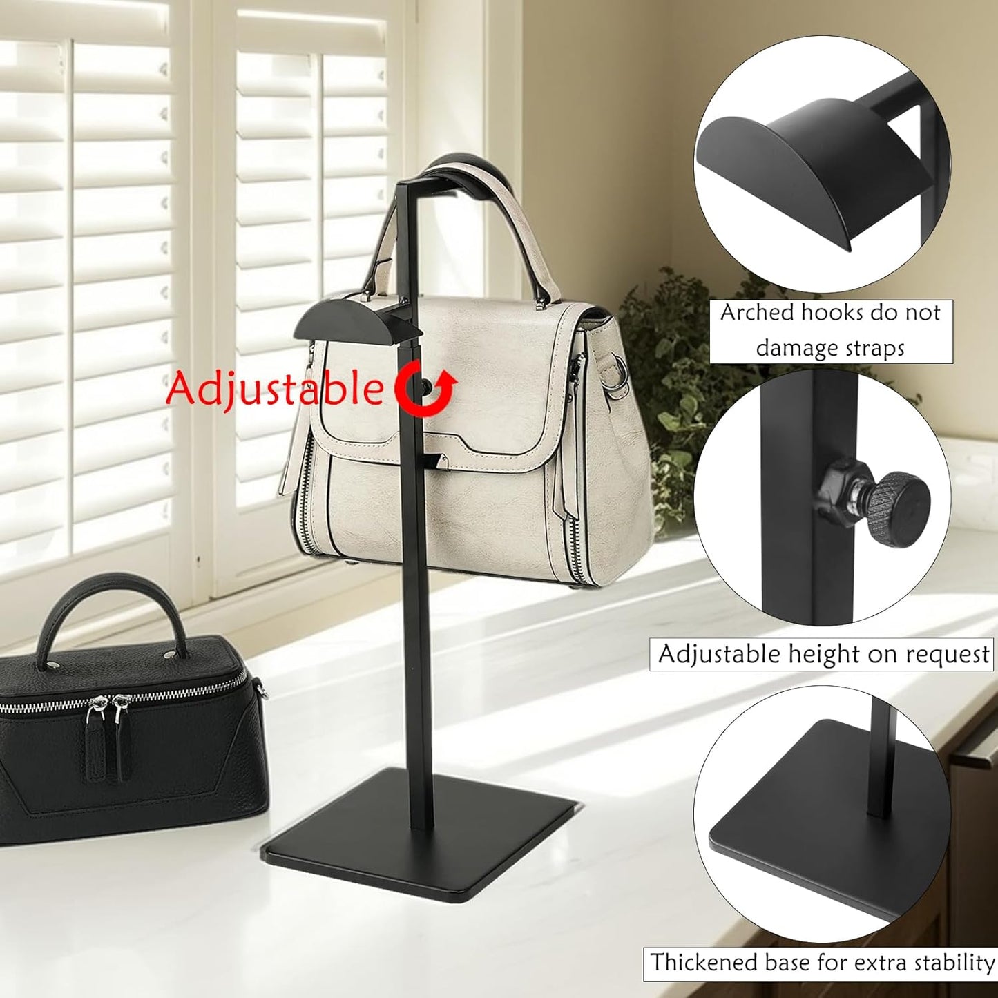 Two Tiers Handbag Display Stands - 2PCS Black Stainless Steels Purse Stand Holder Adjustable Height Display Rack for Retail Luxury Bag Organizer Home Store Boutique Retail Closet